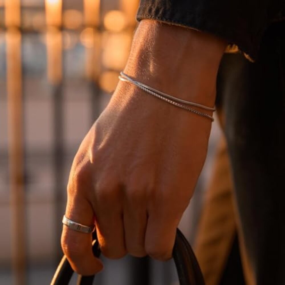 Silver Snake Chain Bracelet Set Minimal Classic Stackable Jewelry Gift - Picture 3 of 8
